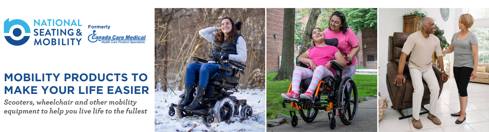 Images of people using a power chair, a manual tilt chair, and a lift chair.