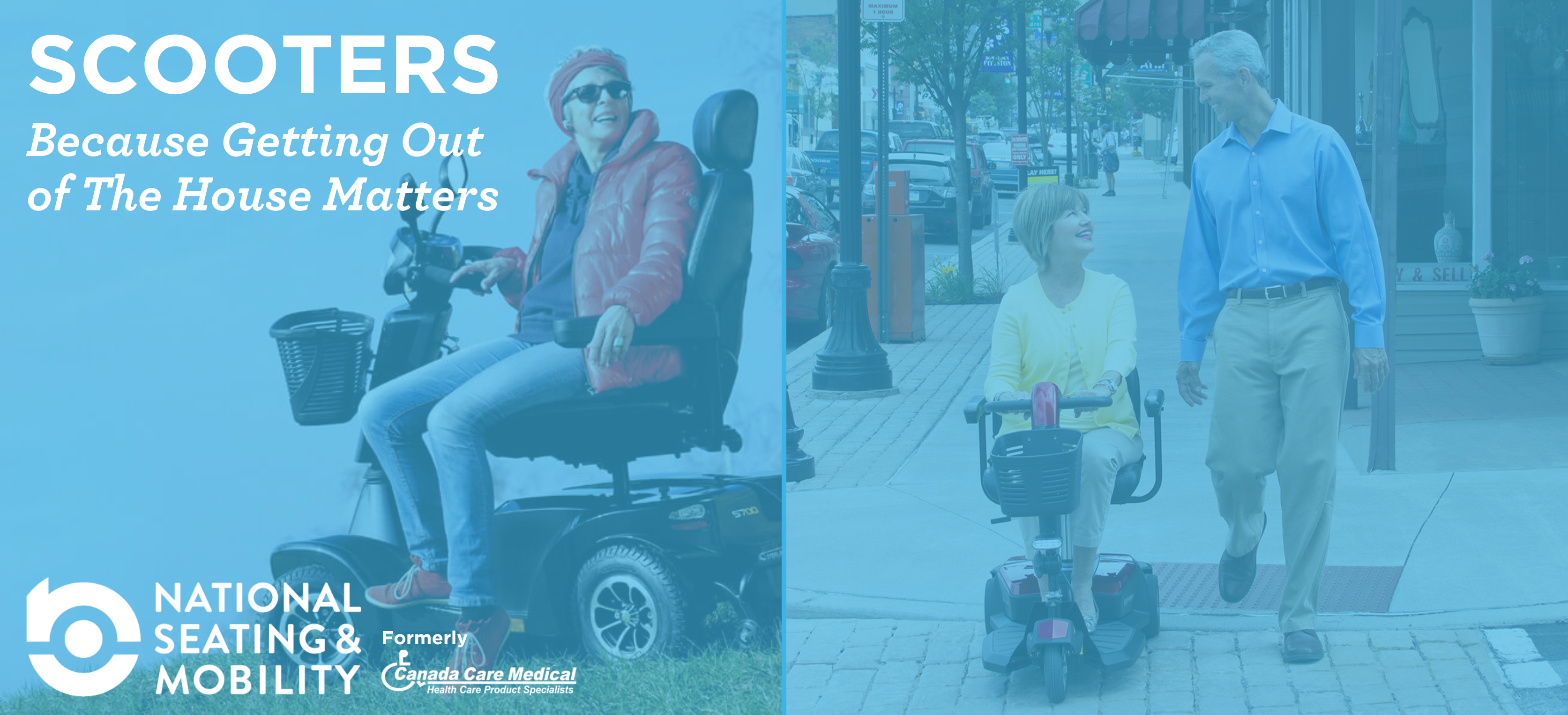 Two images of people using scooters to get around in the outdoors.